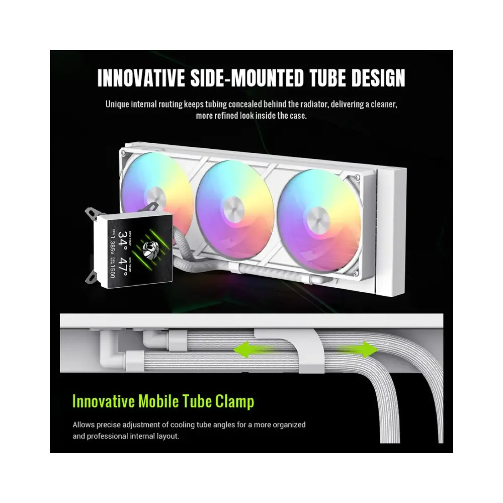 Процессорный кулер GAMEMAX TDP 330 85.82 CFM, 2.23mmH20, Max: 31.5dB(A）, 800-2500RPM ,water pump:NOICE 30.0 GLACIER 360 LCD WH UA