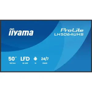 Інформаційний дисплей IIYAMA 49.5" 16:9 IPS 3840х2160, 500 кд/м2, 2 4/7, ОС Андроід 14, 2xHDMI/1xUSB-C/2xUSB 2.0, SP 2 LH5064UHS-B1AG UA