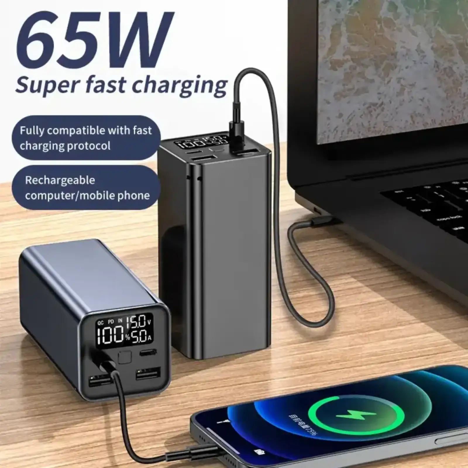 Зовнішній акумулятор ATRIA 65W USB-C laptop/phone Powerbank 20000mAh WPD-65 UA