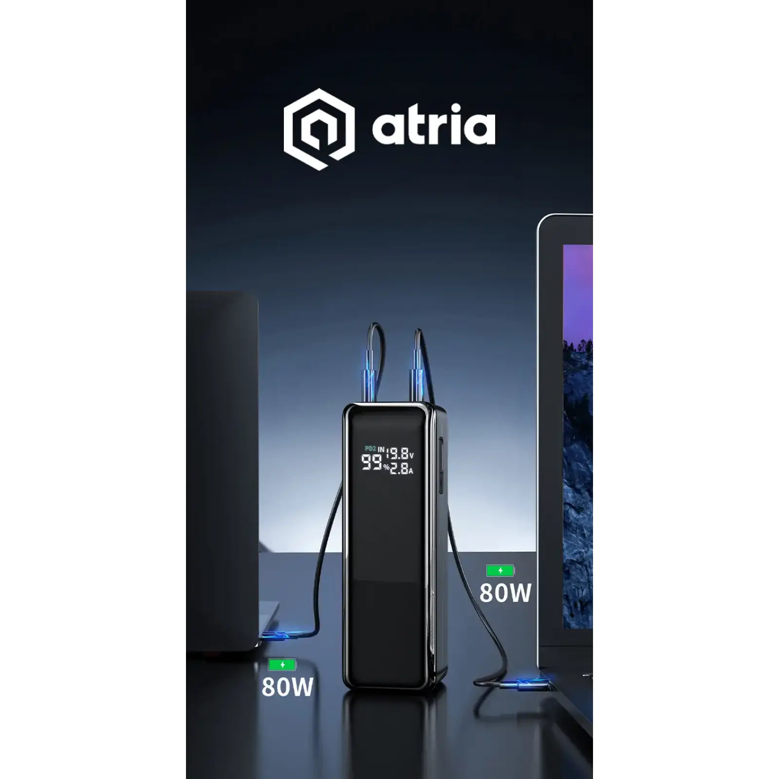 Зовнішній акумулятор ATRIA 160W Blue USB-C laptop/phone Powerbank 30000m Ah WPD-160SB UA