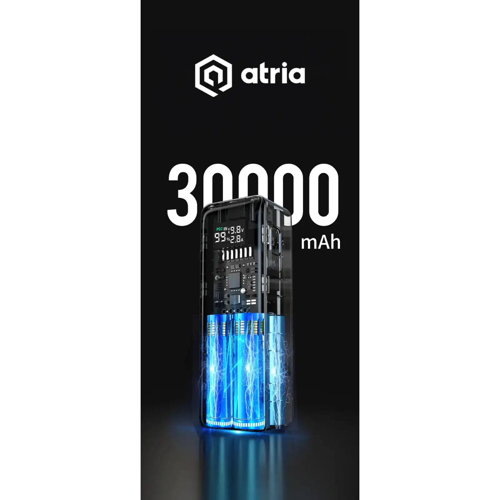 Зовнішній акумулятор ATRIA 160W Blue USB-C laptop/phone Powerbank 30000m Ah WPD-160SB UA