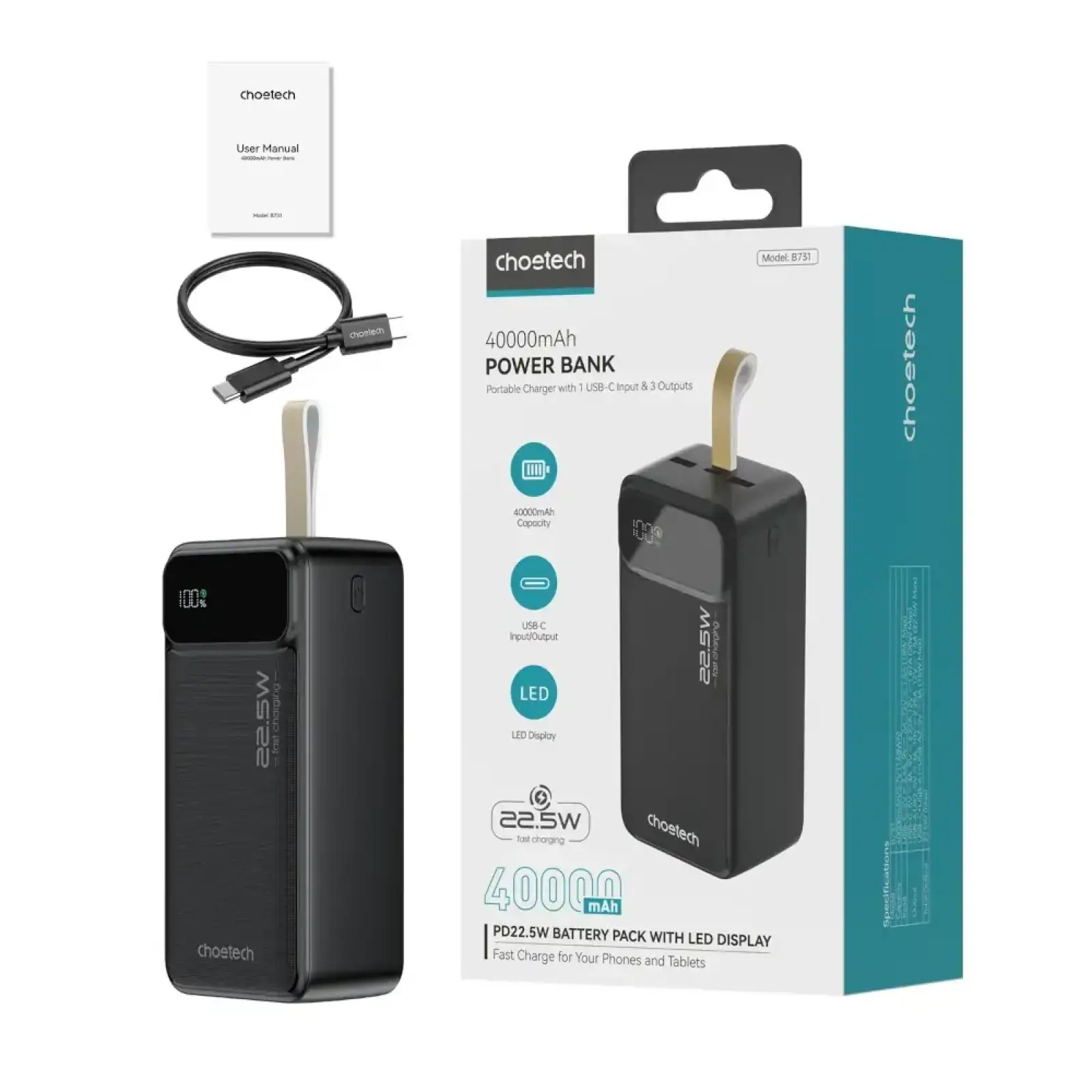 Внешний аккумулятор Choetech PD22.5W Digital Power Bank 40000mAh B731 UA