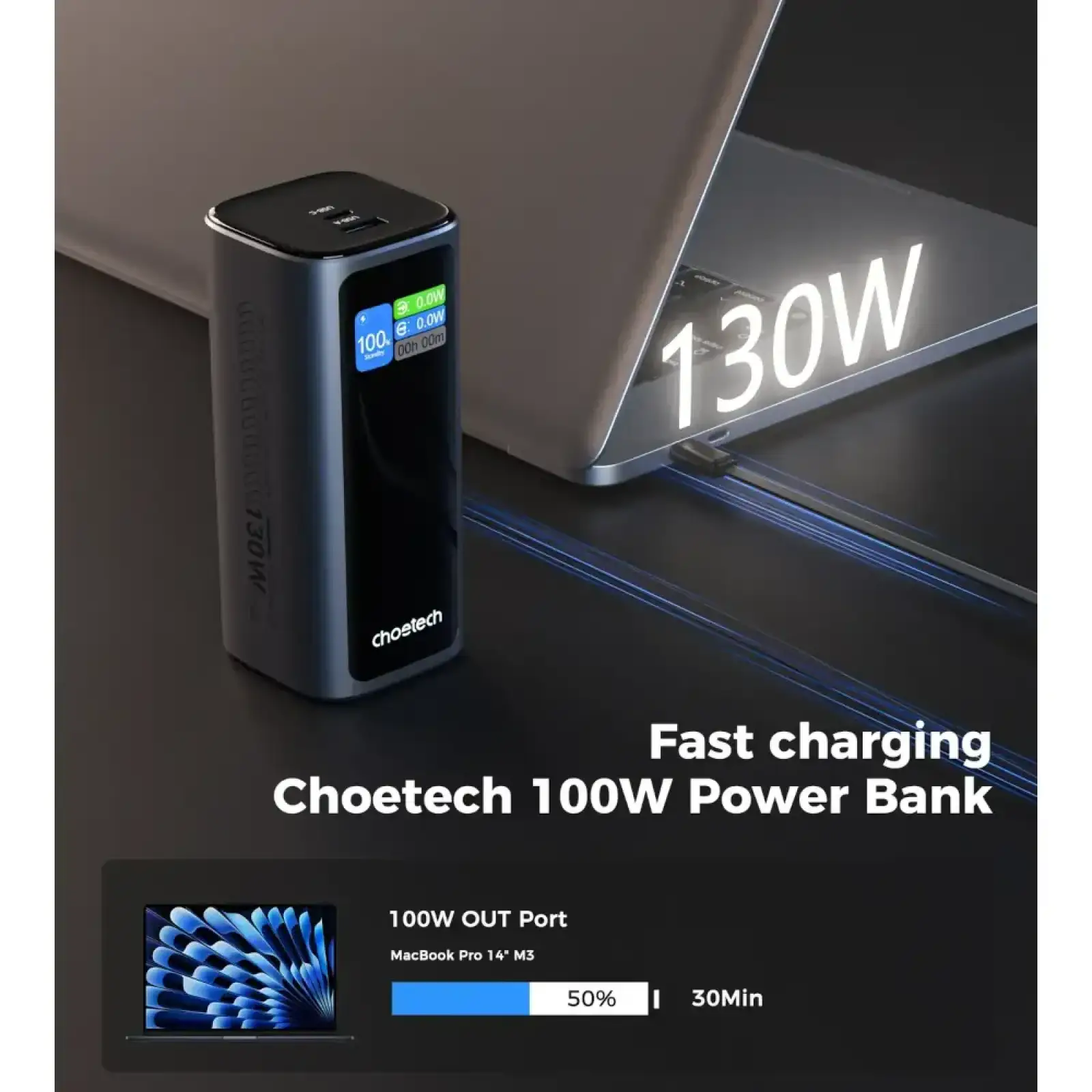 Зовнішній акумулятор Choetech TFT 20000 мАг PD130 Вт з кабелем входу/виходу B815C UA