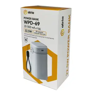 Зовнішній акумулятор ATRIA PD22.5W USB-C Powerbank 20000mAh white WPD-69 UA