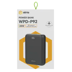 Зовнішній акумулятор ATRIA PD22.5W USB-C Powerbank 20000mAh WPD-P92 UA