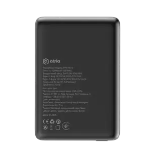 Зовнішній акумулятор ATRIA PD20W USB-C 15W Wireless MagSafe 10000mAh black WPD-W72B UA