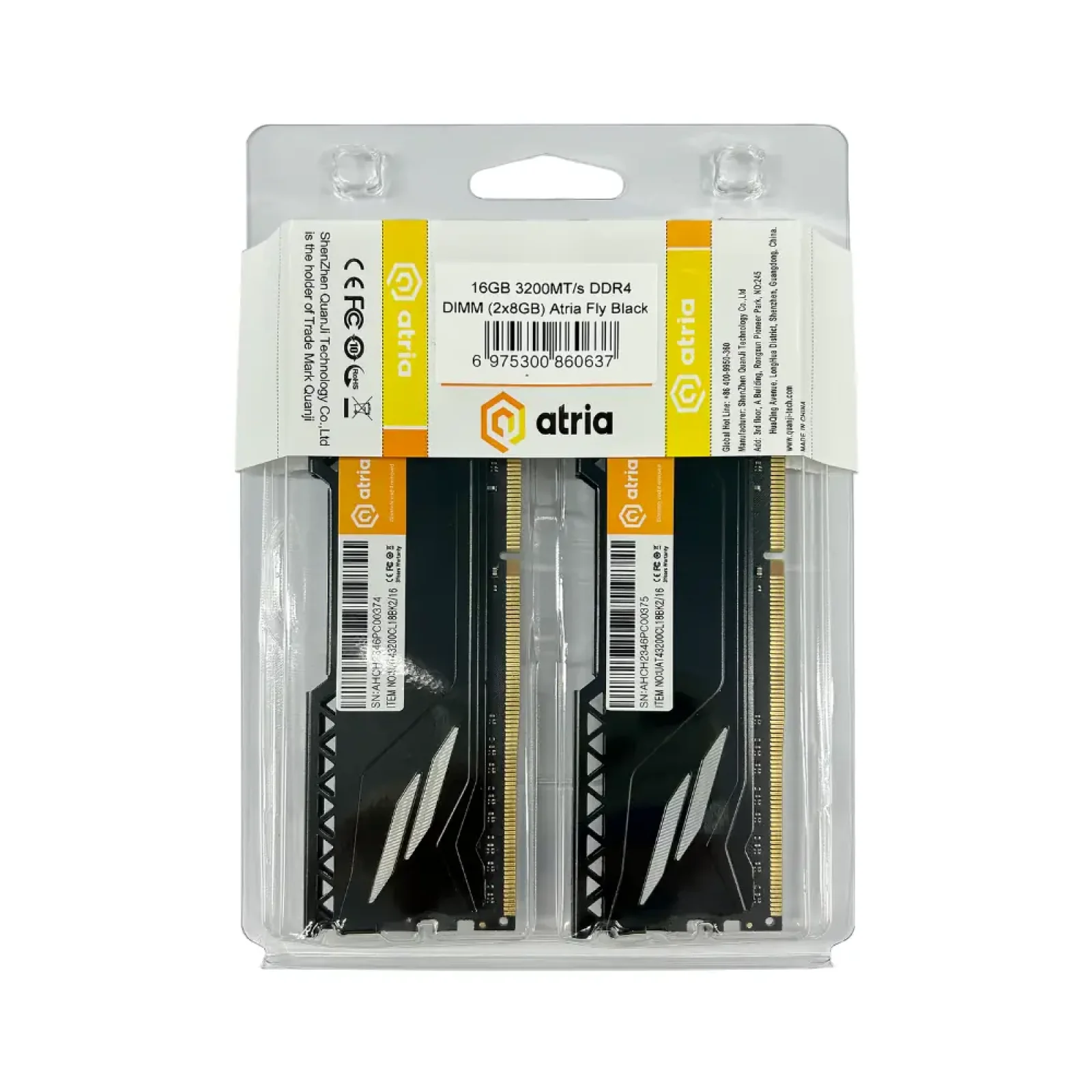 Модуль пам'яті Atria Fly Black 16 GB (2x8) DDR4 3200MHz (UAT43200CL18BK2/16) UA
