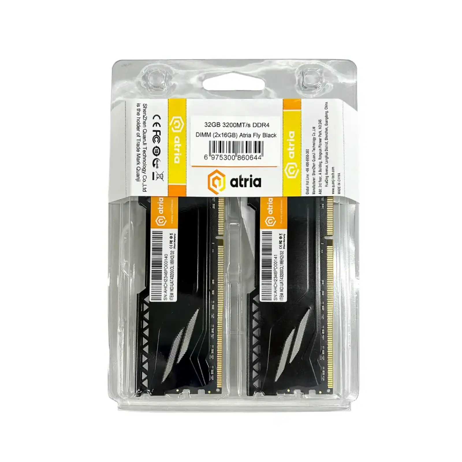 Модуль пам'яті Atria Fly Black 32 Gb (2x16) DDR4 3200 MHz Fly Black (UAT43200CL18BK2/32) UA
