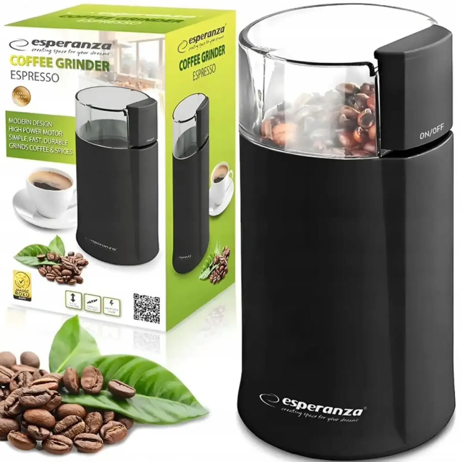Кавомолка ESPERANZA 160W, Black, ємність контейнера для зере н 50г, ніж/чаша з нерж. сталі EKC001K UA