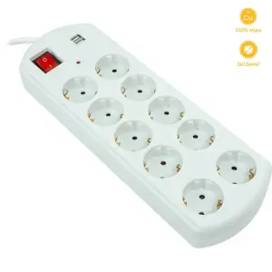 Мережевий фільтр PowerPlant 5м, 3x1.5мм2, 10А, 10 розеток, 2xUSB, євро, 100%мідь (YS-N6065/5) (EX610556)