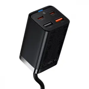СЗУ Baseus GaN3 Pro 65W (2 Type-C + 2 USB) + Кабель Type-C to Type-C 100W (1m) black