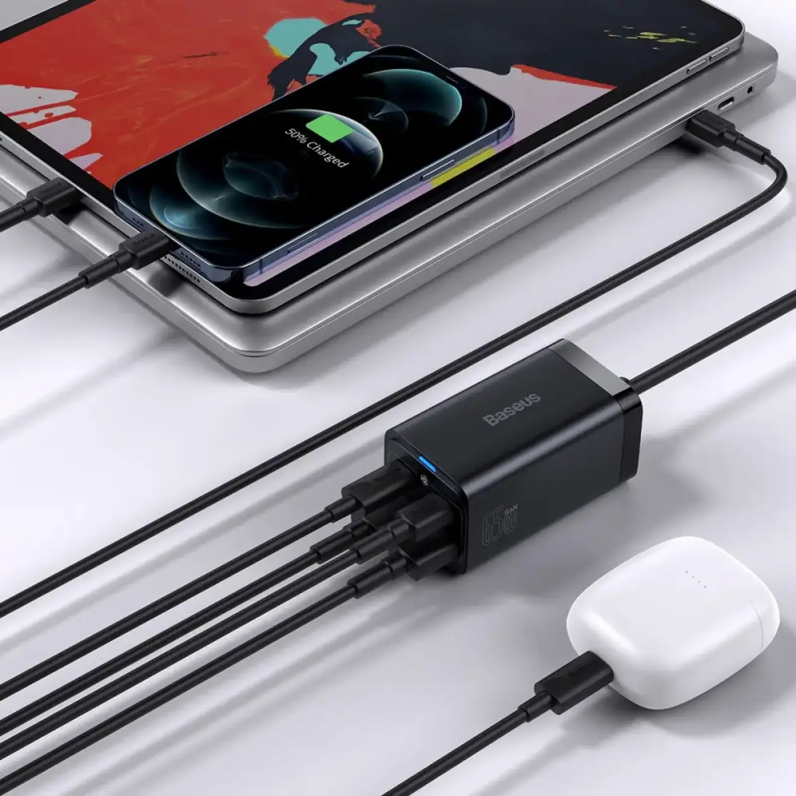 СЗУ Baseus GaN3 Pro 65W (2 Type-C + 2 USB) + Кабель Type-C to Type-C 100W (1m) black