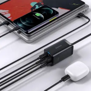 СЗУ Baseus GaN3 Pro 65W (2 Type-C + 2 USB) + Кабель Type-C to Type-C 100W (1m) black