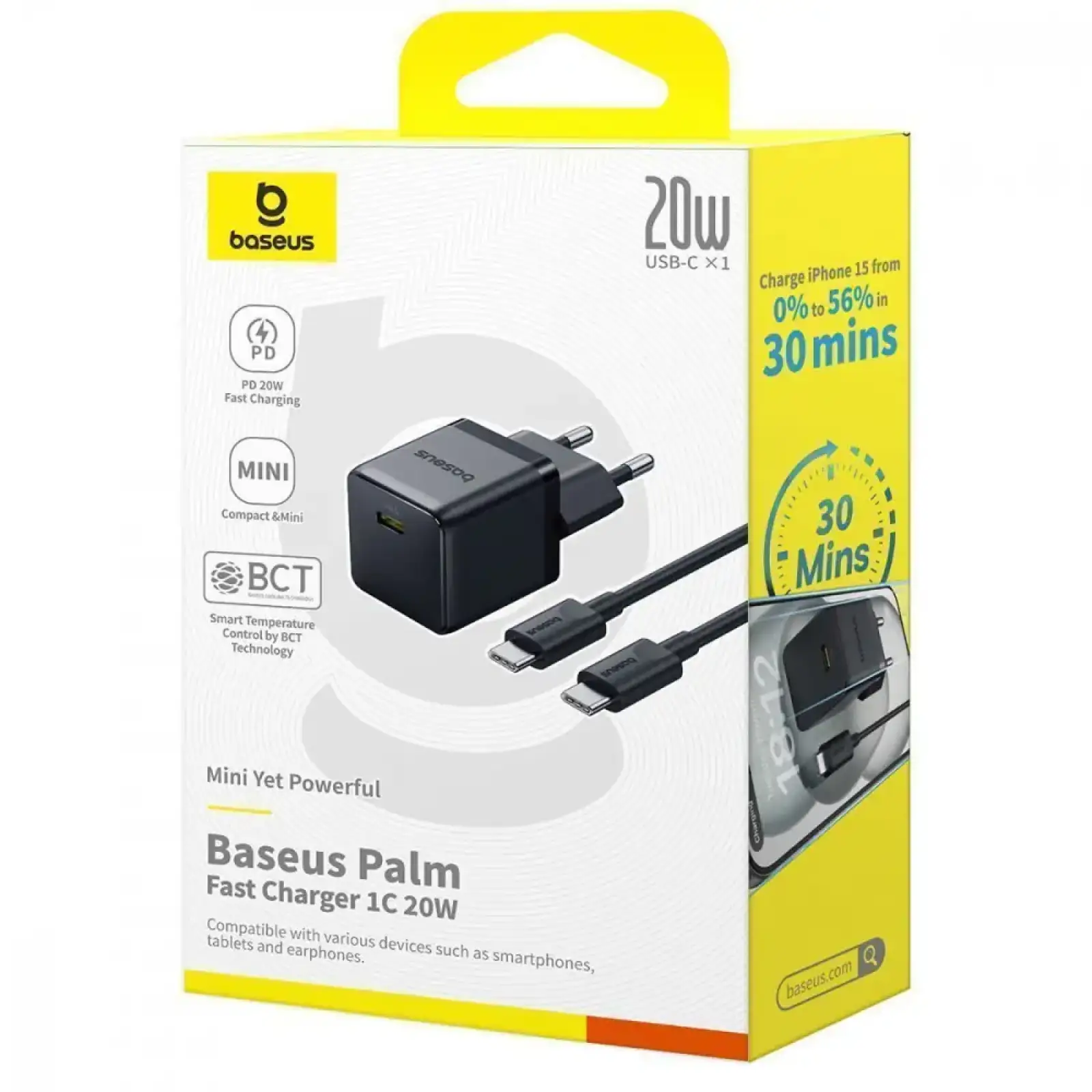 МЗП Baseus Palm Fast Charger 20W (Type-C) + Кабель Type-C to Type-C 60W (1m) black
