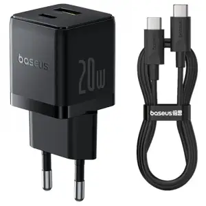 МЗП Baseus Palm Fast Charger 20W (Type-C + USB) 20W + Кабель Type-C to Type-C 60W (1m) black