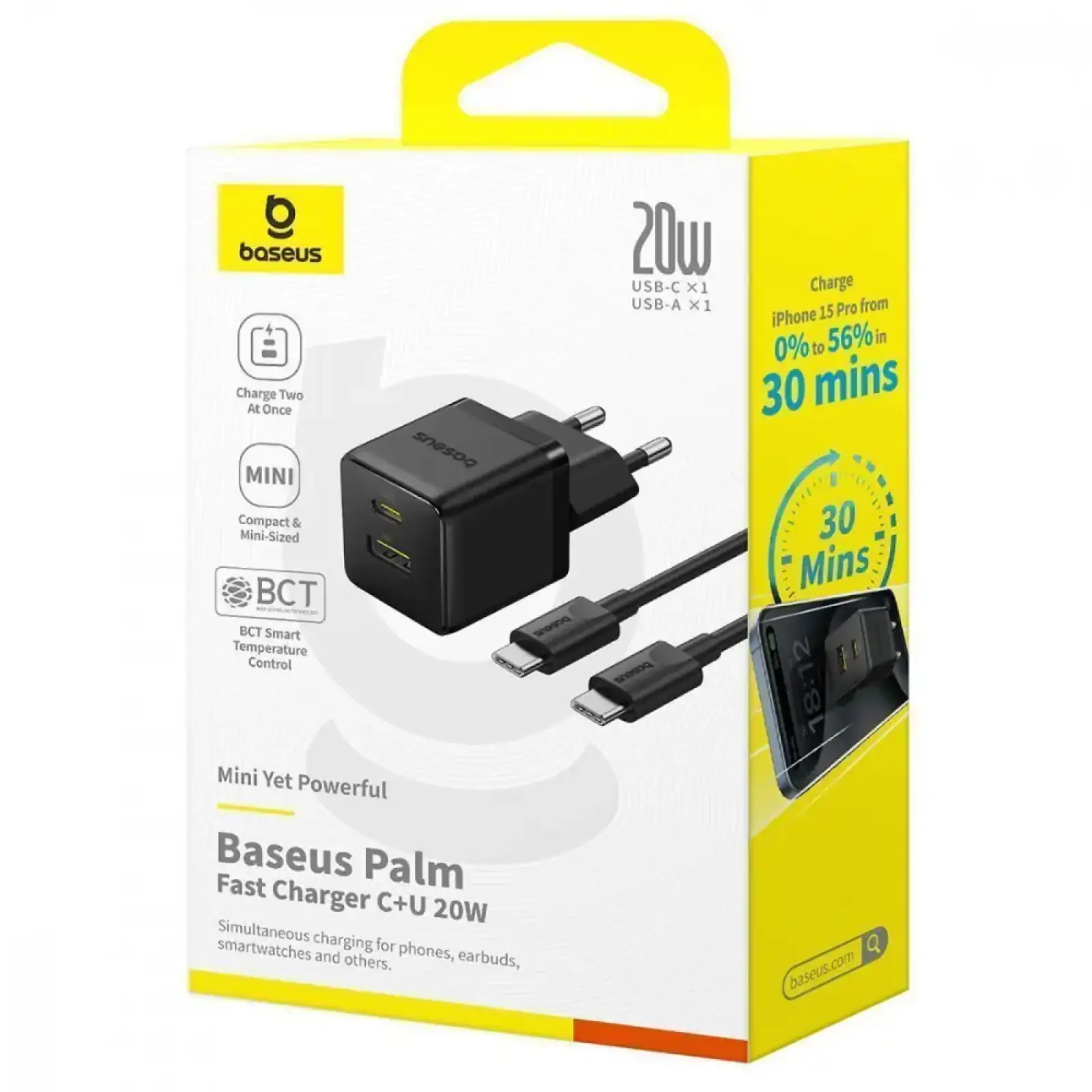 МЗП Baseus Palm Fast Charger 20W (Type-C + USB) 20W + Кабель Type-C to Type-C 60W (1m) white