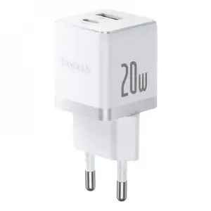 МЗП Baseus Palm Fast Charger 20W (Type-C + USB) 20W + Кабель Type-C to Type-C 60W (1m) white