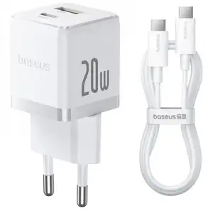 МЗП Baseus Palm Fast Charger 20W (Type-C + USB) 20W + Кабель Type-C to Type-C 60W (1m) white