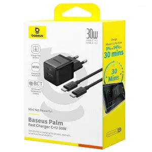 МЗП Baseus Palm Fast Charger 30W (Type-C + USB) 30W + Кабель Type-C to Type-C 60W (1m) white