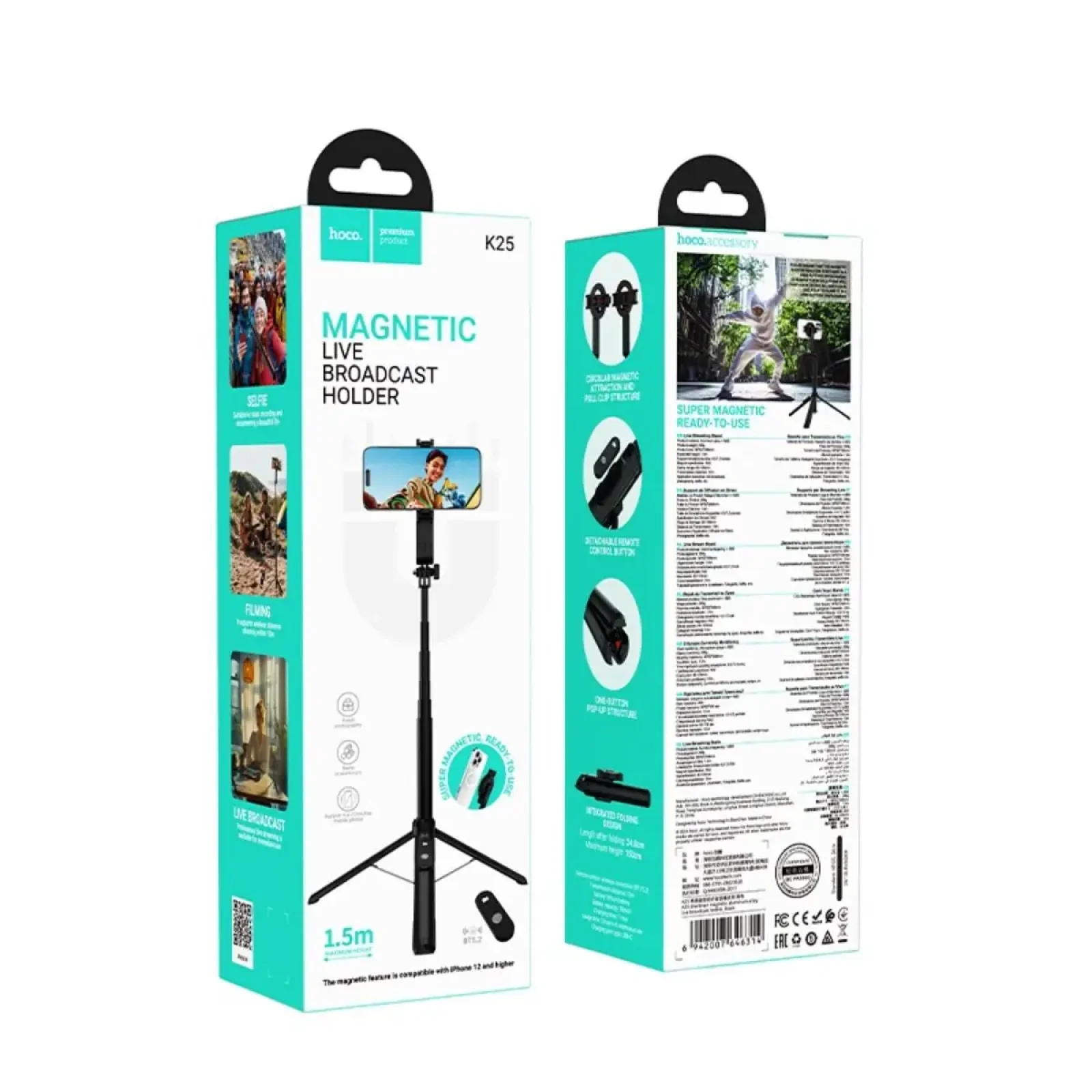 Селфі-монопод HOCO K25 Sherkhan magnetic aluminum alloy live broadcast holder Black (6942007646314)