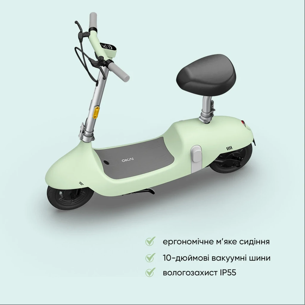 Електросамокат з сидінням OKAI Ceetle PRO EA10C Mint Green 10', 350(900)W, 25Km/h, 10,4Ah, 55Km, 20%,NFC, App, 29kg (EA10C-MG)