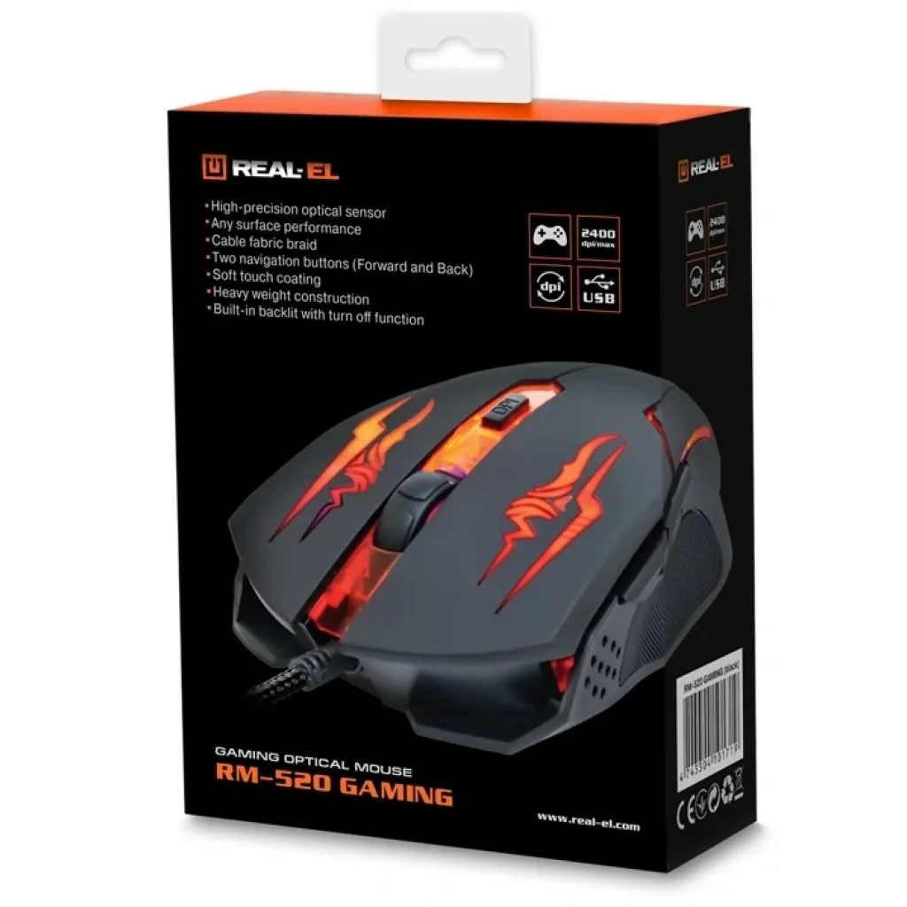 Мышь REAL-EL RM-520 Gaming Black USB, EL123200020 UA