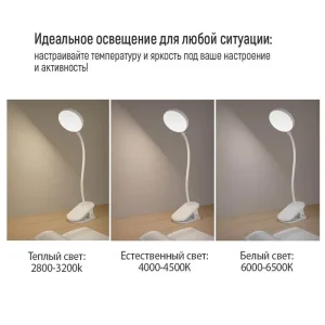 Настольна лампа LED ColorWay Flexible & Clip 2 із вбудованим акумулятором біла (CW-DL10FCB-W) UA