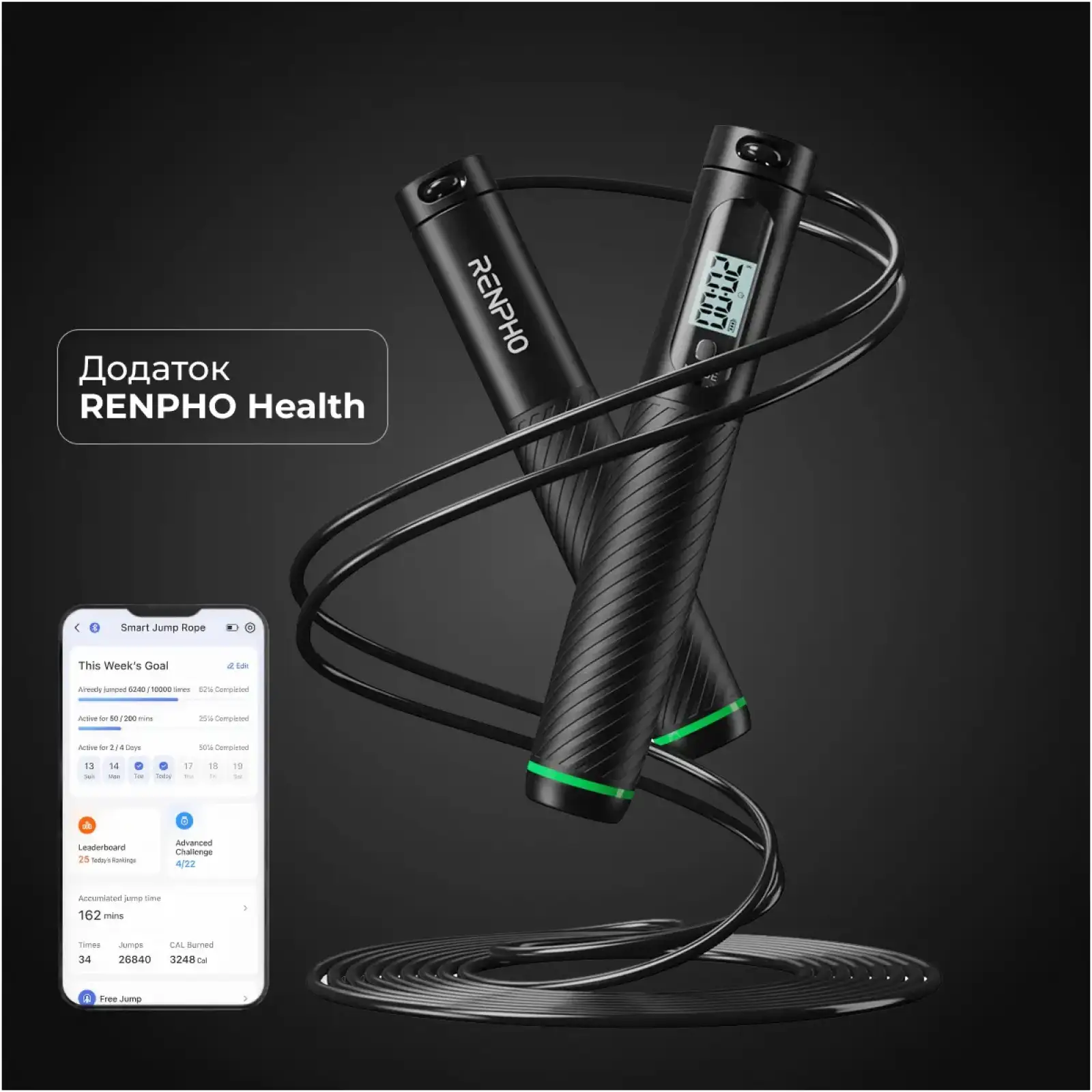 Розумна скакалка RENPHO Jump Black (R-Q008-BK) UA