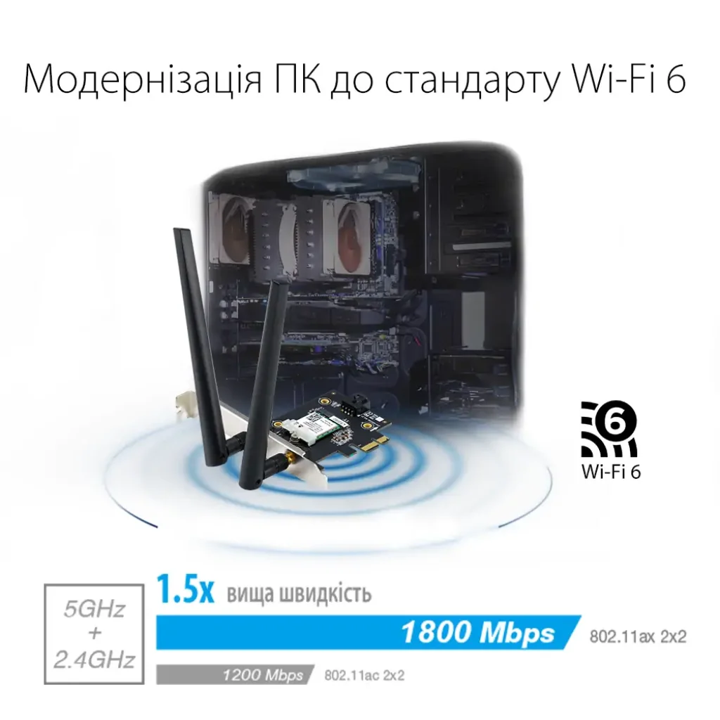 Бездротовий адаптер Asus PCE-AX1800 (AX1800, Bluetooth 5.2, WPA3, MU-MIMO, 2 зовнішні антени) UA