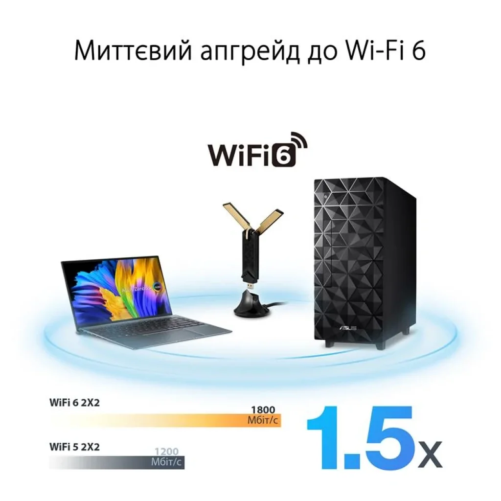 Бездротовий адаптер Asus USB-AX56 з підставкою-подовжувачем (AX1800, WiFI 6, USB 3.2, MU-MIMO, OFDMA, 4T4R, WPA3, зовнішня антена) UA