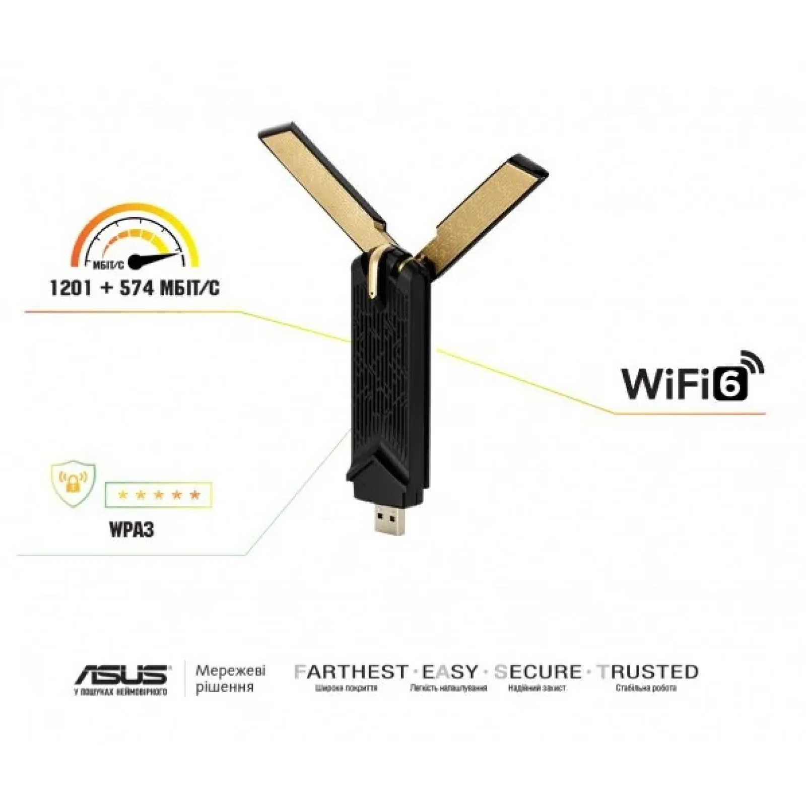 Бездротовий адаптер Asus USB-AX56W/O cradle (AX1800, WiFI 6, USB 3.2, MU-MIMO, OFDMA, 4T4R, WPA3, зовнішня антена) UA