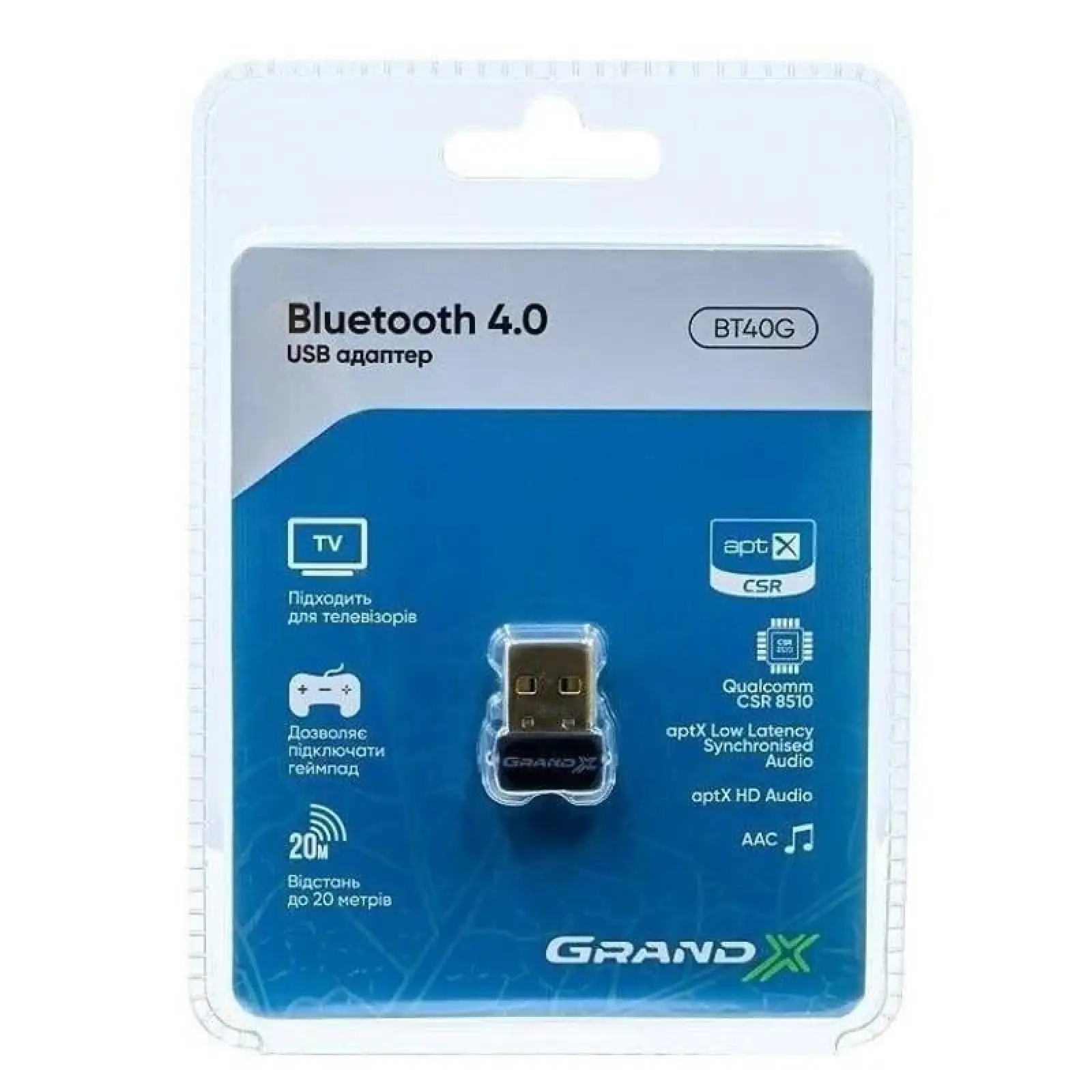 Bluetooth-адаптер Grand-X V4.0/4.1Master&Slave Low Energy LTE aptX (BT40G) UA