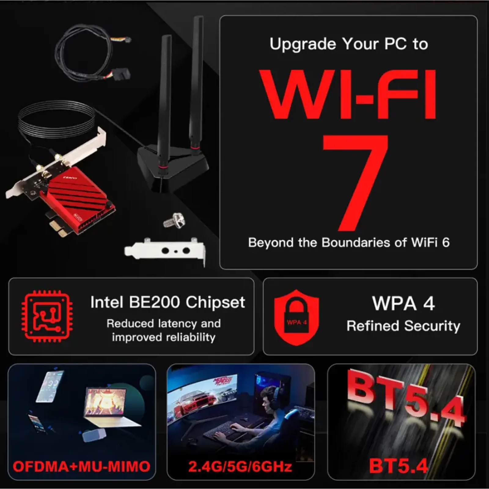 Беспроводной адаптер Fenvi FV-BE8800Pro Wi-Fi 7, Bluetooth 5.4 Gaming Tri Band 2.4G/5G/6GHz UA