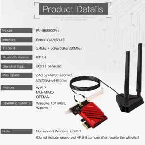 Беспроводной адаптер Fenvi FV-BE8800Pro Wi-Fi 7, Bluetooth 5.4 Gaming Tri Band 2.4G/5G/6GHz UA