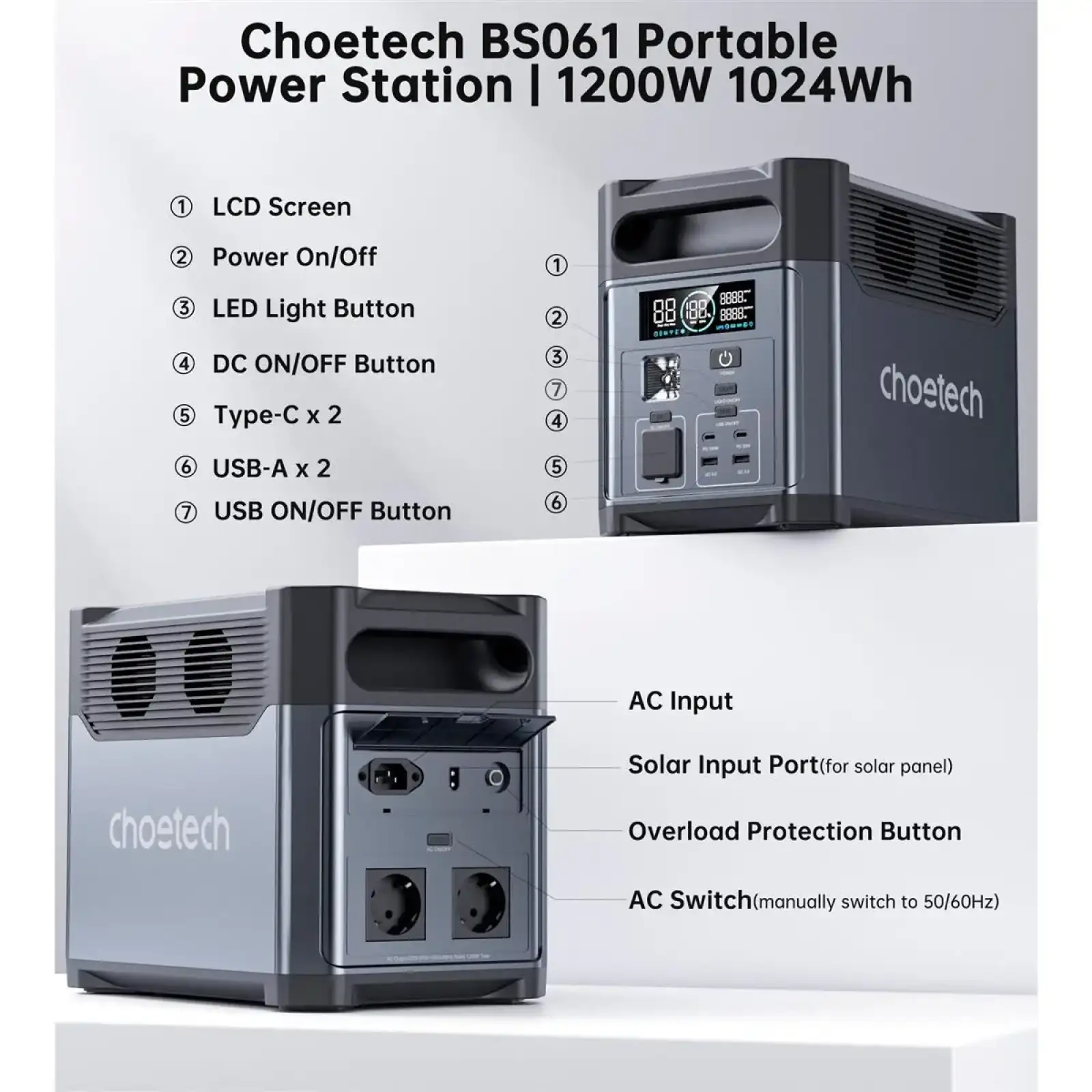 Зарядна станція Choetech BS061 1024Wh, 1200W (BS061-EU-GY) UA
