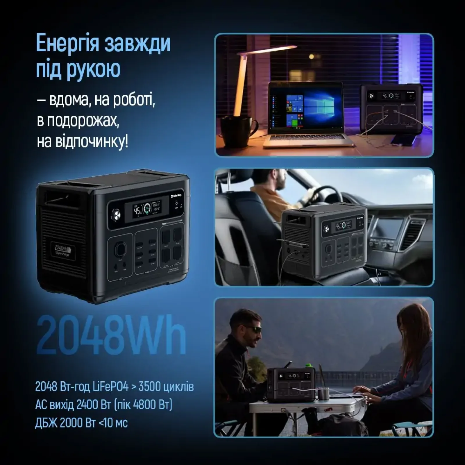 Зарядная станция ColorWay 2200W 2048Wh LiFePO4 (CW-PR-2K2W-01) UA