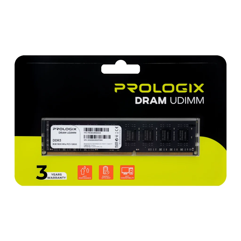 Модуль пам'яті DDR3 8GB/1600 Prologix (PRO8GB1600D3) UA