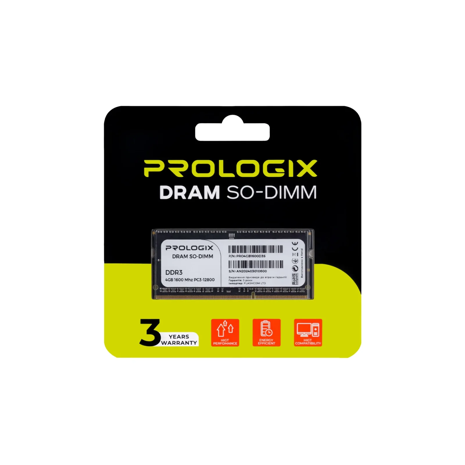 Модуль пам'яті SO-DIMM 4GB/1600 DDR3 Prologix (PRO4GB1600D3S) UA