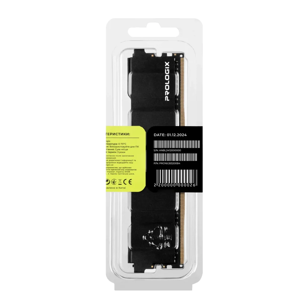 Модуль пам'яті DDR4 16GB/3200 Prologix Black (PRO16GB3200B4) UA