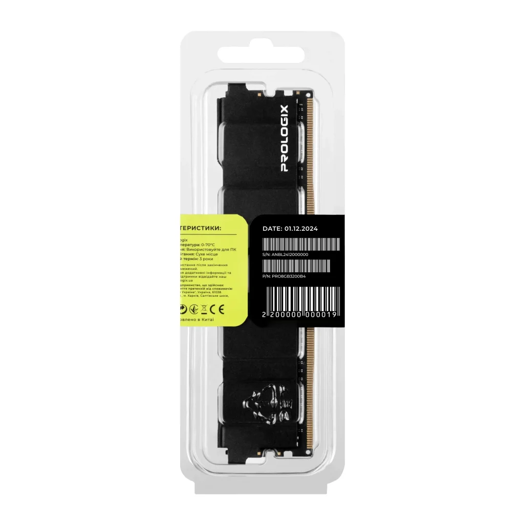 Модуль пам'яті DDR4 8GB/3200 Prologix Black (PRO8GB3200B4) UA
