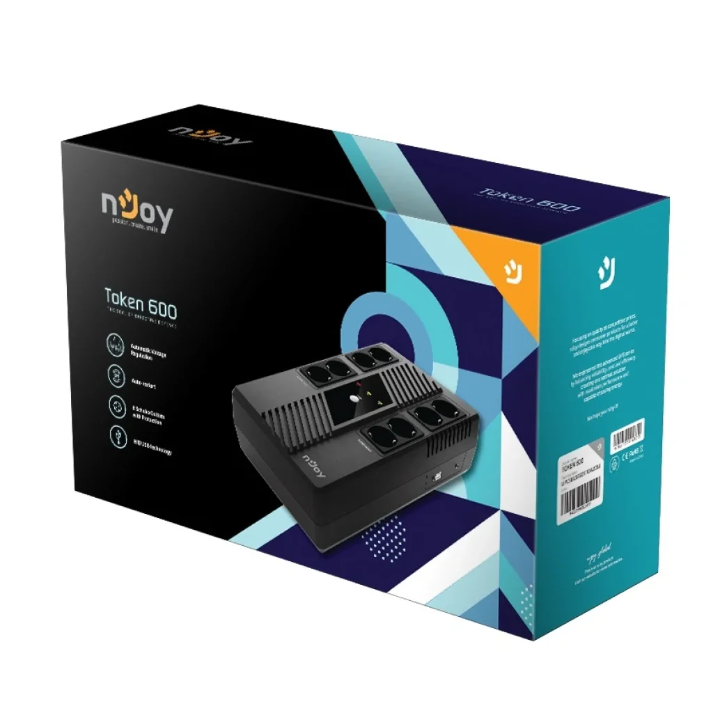 ДБЖ NJOY Token 600 (UPCSBLS660TTOAZ01B), Lin.int., 8 x Schuko, USB, пластик UA