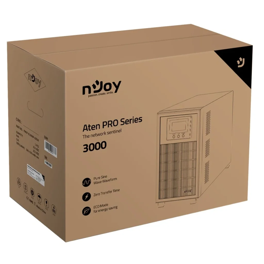 ДБЖ NJOY Aten Pro 3000 (PWUP-OL300AP-AZ01B), Online, 4 x Schuko, USB, LCD, метал UA