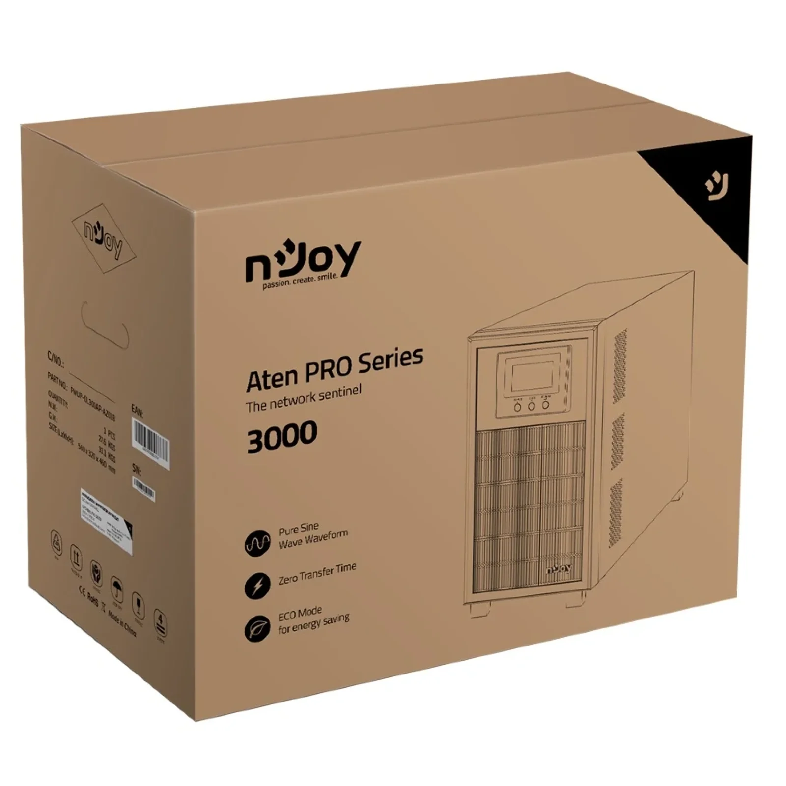 ИБП NJOY Aten Pro 3000 (PWUP-OL300AP-AZ01B), Online, 4 x Schuko, USB, LCD, металл UA