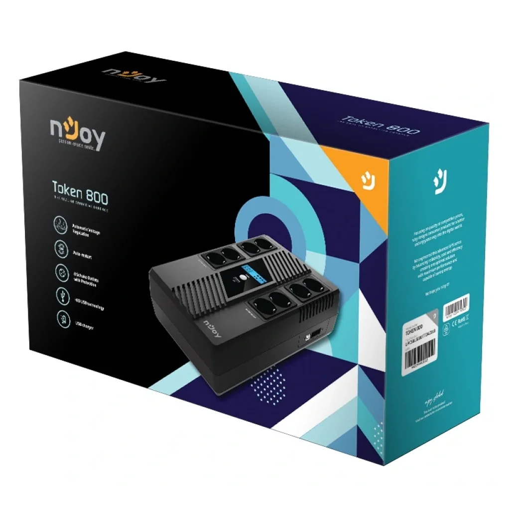 ДБЖ NJOY Token 800 (UPCSBLS680TTOAZ01B), Lin.int., 8 x Schuko, USB, LCD, пластик UA