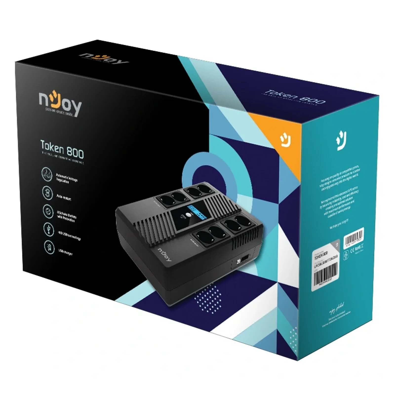 ИБП NJOY Token 800 (UPCSBLS680TTOAZ01B), Lin.int., 8 x Schuko, USB, LCD, пластик UA
