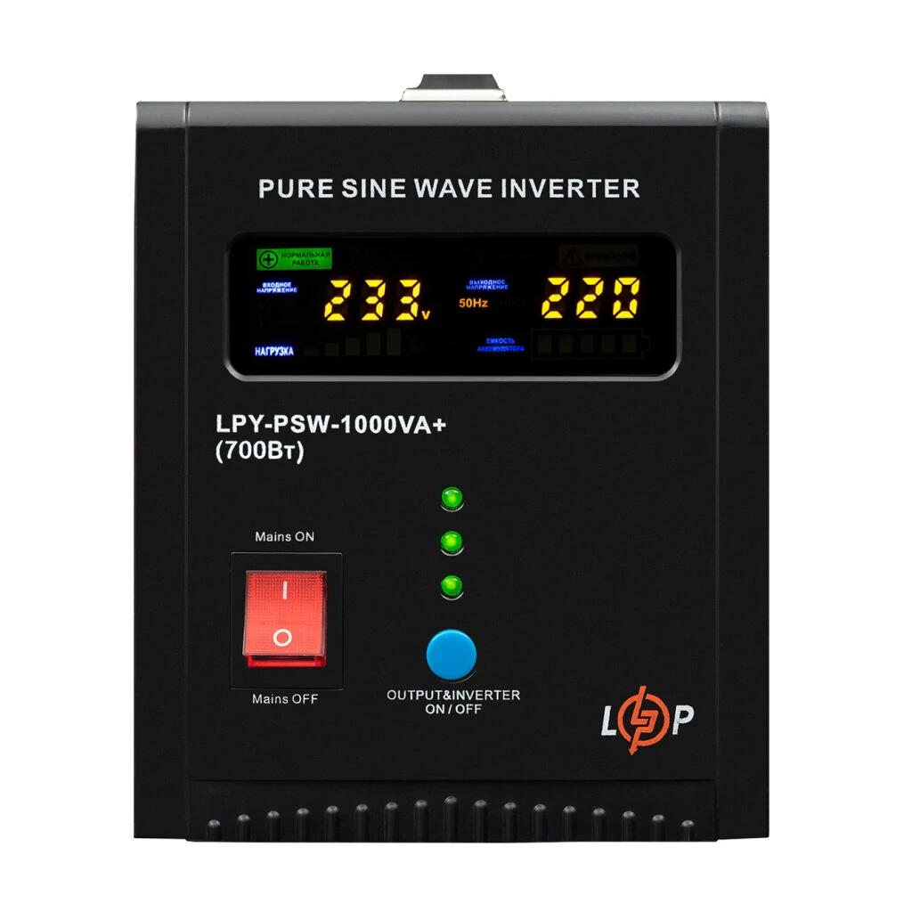ДБЖ LogicPower LPY-PSW-1000VA+, Lin.int., AVR, 2 x евро, LCD, метал, з правильною синусоїдою 12V, LP22871 UA