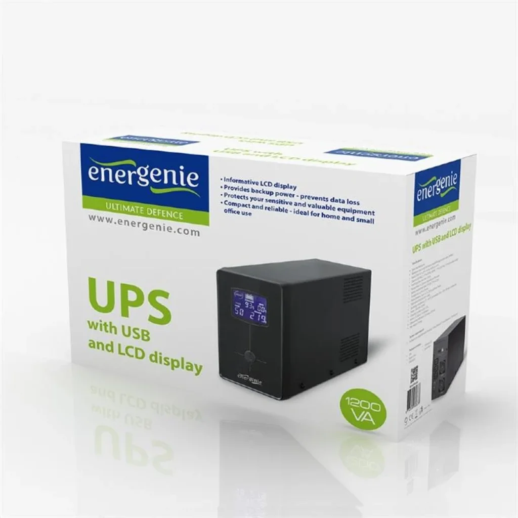ДБЖ EnerGenie EG-UPS-033 1200VA, Line Int., AVR, 3xIEC+2xSchuko, USB, LCD, RJ11, метал UA