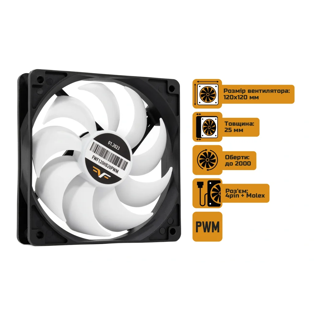 Вентилятор Frime (FWF120HB20PWM) 120x120x25мм, PWM Black/White UA