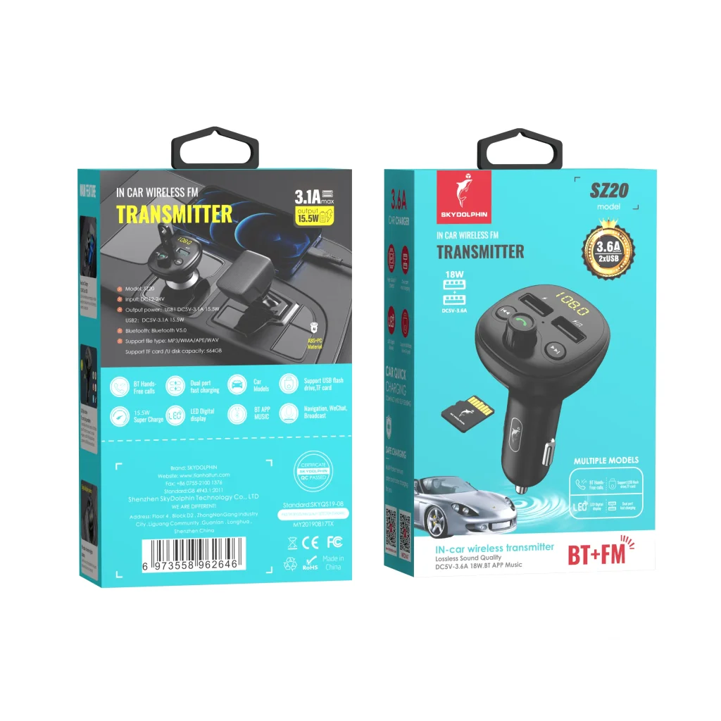 FM-трансмітер SkyDolphin SZ20 Bluetooth/TF Card/LED/2USB/3.1A/15.5W Black (SDFMT-000027) UA