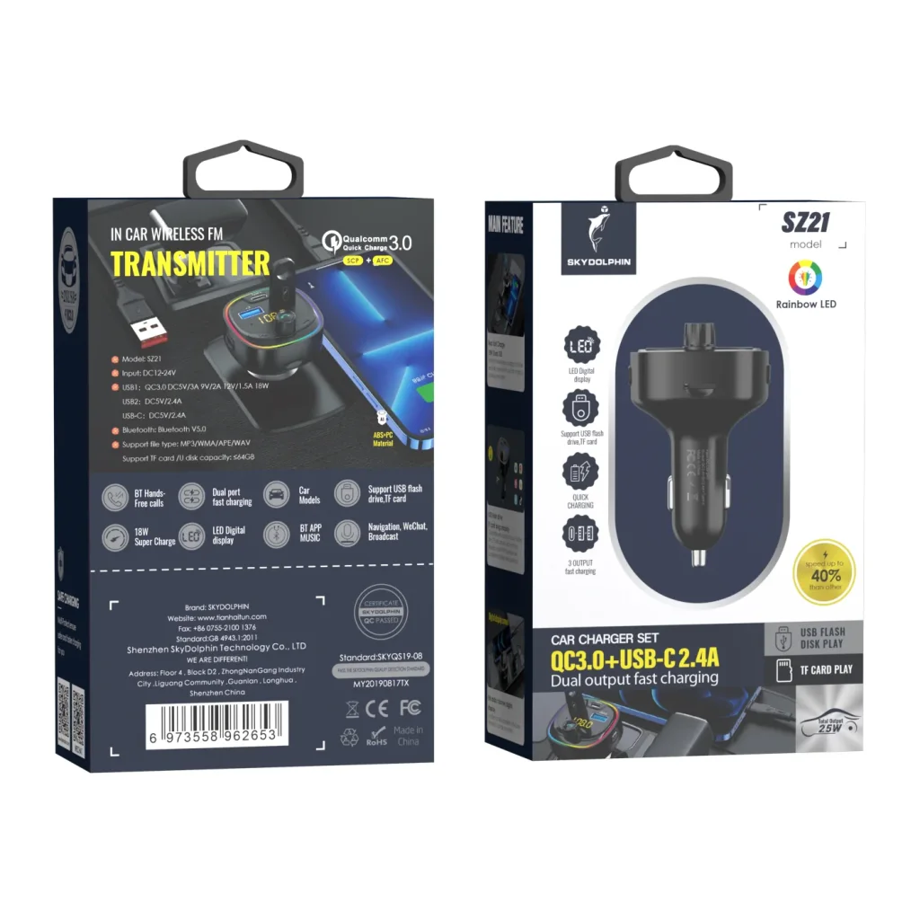 FM-трансмітер SkyDolphin SZ21 Aluminium/Bluetooth/TF Card/LED/2USB/3.1A/18W Black (SDFMT-000028) UA